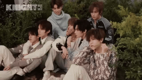 A GIF of all seven members of SKY being children and fooling around for their photoshoot with Knight magazine.